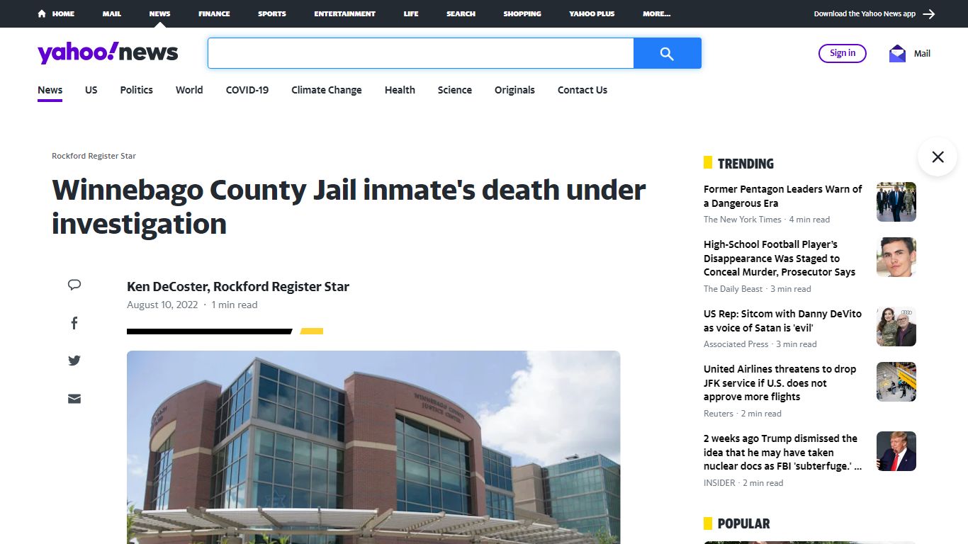 Winnebago County Jail inmate's death under investigation